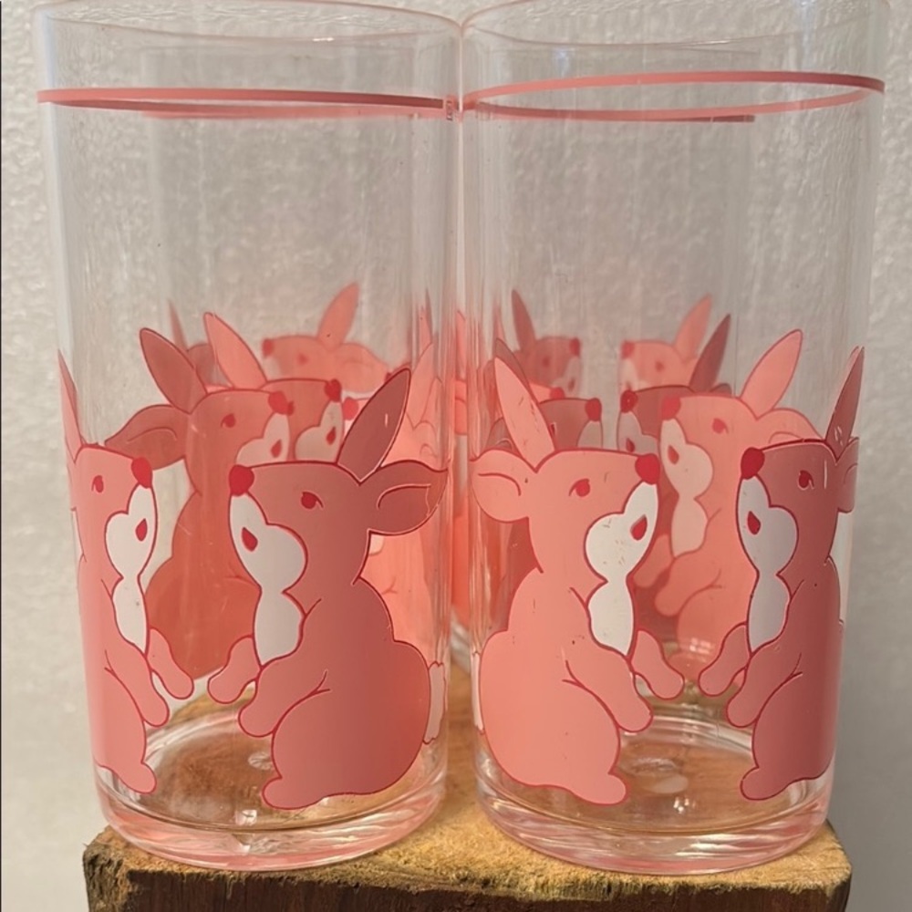 Vintage Acrylic Pink Bunny Glasses Set of 4